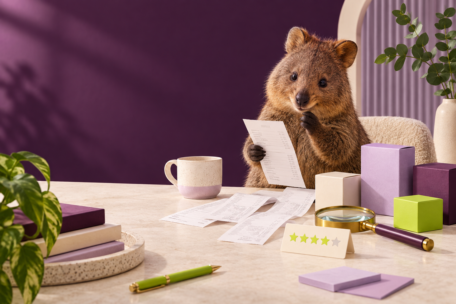 A quokka reviewing receipts and purchases at a colorful desk